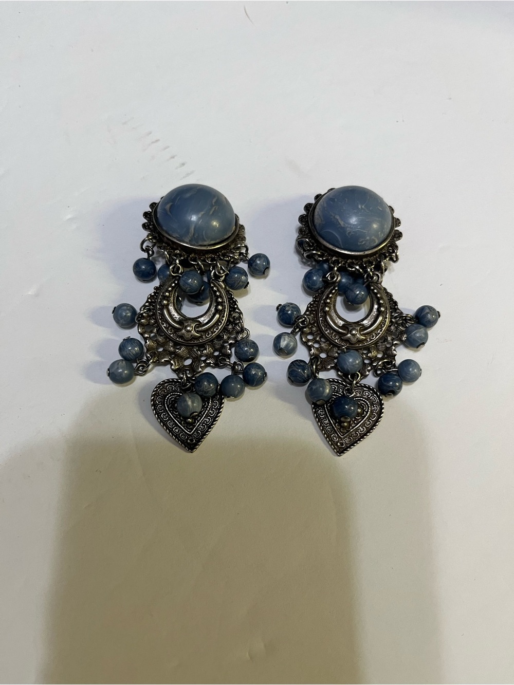 Vintage clip-one Bohemian Blue Beaded Drop Earrings - Heart Dangle